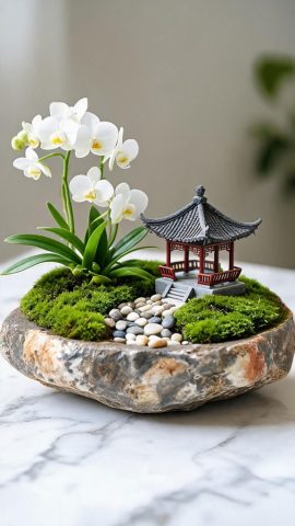 Orchids in a Stone Basin
